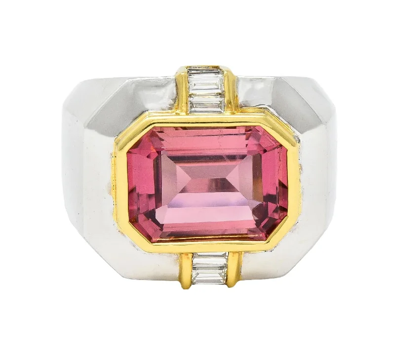 Huge Savings On Timeless Jewelry Collections 1980's 5.31 CTW Tourmaline Diamond 18 Karat Two-Tone Gold Vintage Unisex Statement Ring Huge Savings On Timeless Jewelry Collections 1980's 5.31 CTW Tourmaline Diamond 18 Karat Two-Tone Gold Vintage Unisex Statement Ring