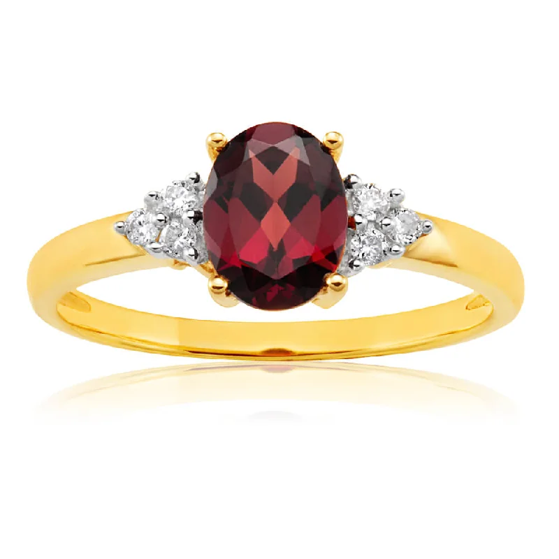 Special Deals On Handcrafted And Designer Jewelry 9ct Yellow Gold 4x6mm 1.4ct Oval Garnet + Diamond Ring Special Deals On Handcrafted And Designer Jewelry 9ct Yellow Gold 4x6mm 1.4ct Oval Garnet + Diamond Ring