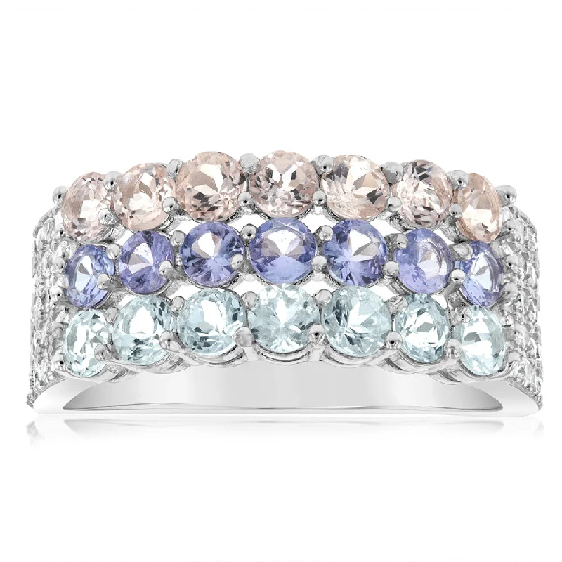 Aquamarine, Morganite, Tanzanite & White Zirconia Ring Set in Silver