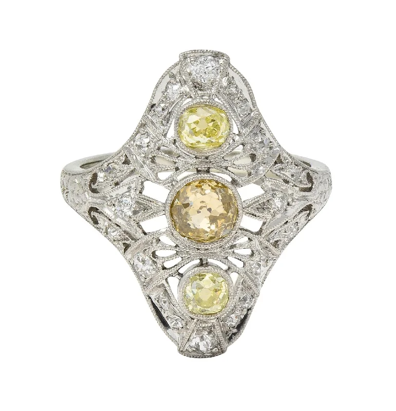 Flash Sale On Exquisite Jewelry – Don't Miss Out Art Deco 0.92 CTW Fancy Color Diamond Platinum Vintage Lotus Navette Dinner Ring Flash Sale On Exquisite Jewelry – Don't Miss Out Art Deco 0.92 CTW Fancy Color Diamond Platinum Vintage Lotus Navette Dinner Ring