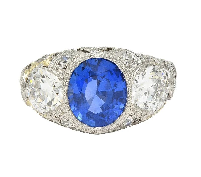 Art Deco 4.90 CTW No Heat Ceylon Sapphire Diamond Platinum Antique Three Stone Lotus Ring AGL