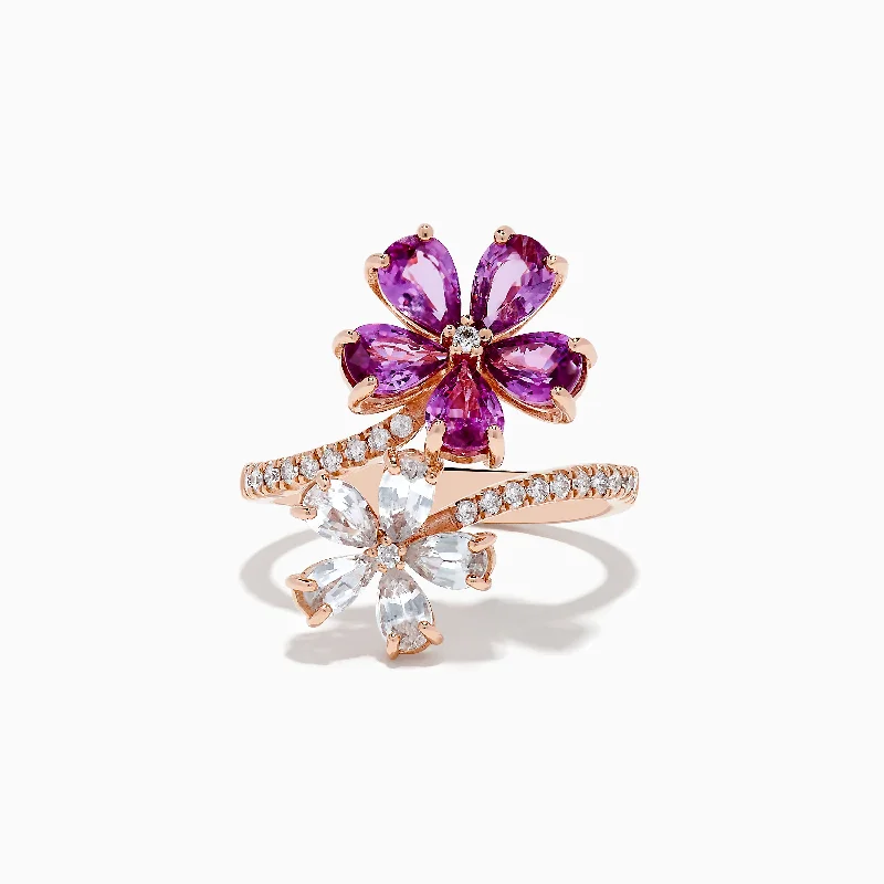 Nature 14k Rose Gold Pink and White Sapphire Flower Diamond ring