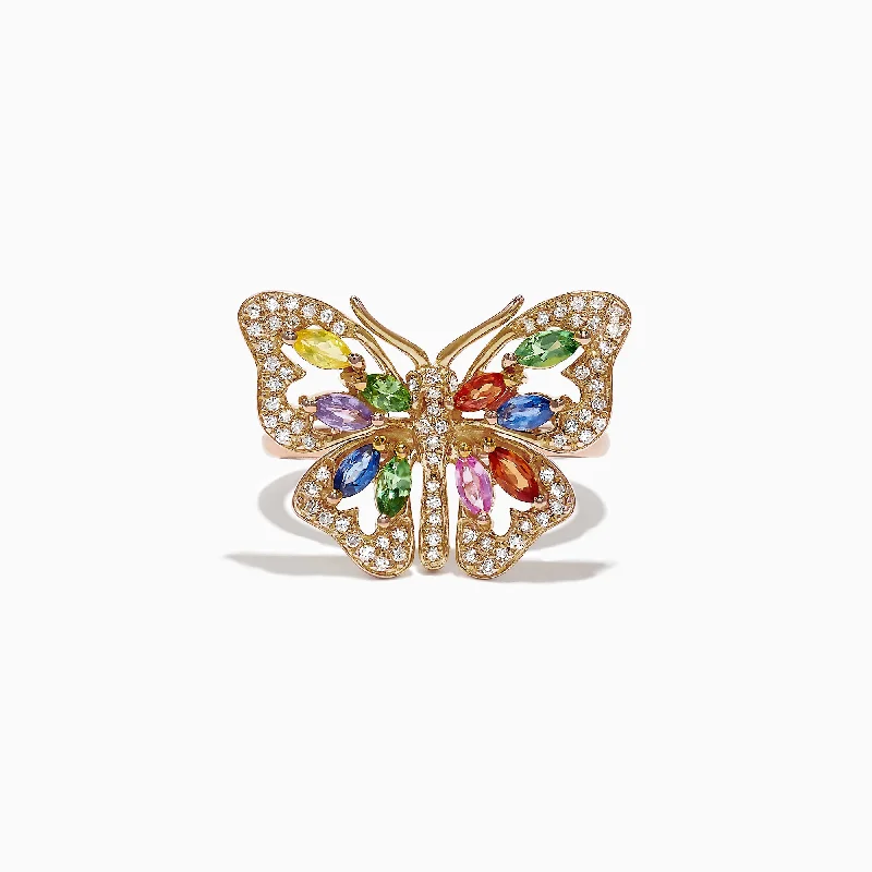 Limited-Time Offer On Elegant Jewelry Pieces Watercolors 14K Gold Multi Sapphire Diamond Butterfly Ring, 2.62 TCW Limited-Time Offer On Elegant Jewelry Pieces Watercolors 14K Gold Multi Sapphire Diamond Butterfly Ring, 2.62 TCW