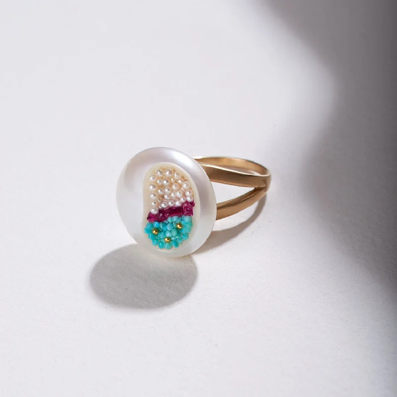 Best Jewelry Sale Prices – Limited-Time Offer Freshwater Coin Pearl Finestrino Ring With Turquoise, Ruby, Seed Pearls and 22K Gold Beads Best Jewelry Sale Prices – Limited-Time Offer Freshwater Coin Pearl Finestrino Ring With Turquoise, Ruby, Seed Pearls and 22K Gold Beads