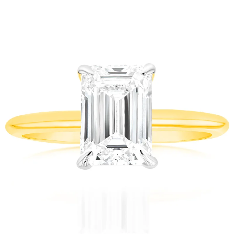 Special Sale On Handcrafted Jewelry – Shop Today Luminesce Lab Grown Certified 2 Carat Diamond Emerald Cut Engagement Ring in 18ct Yellow Gold