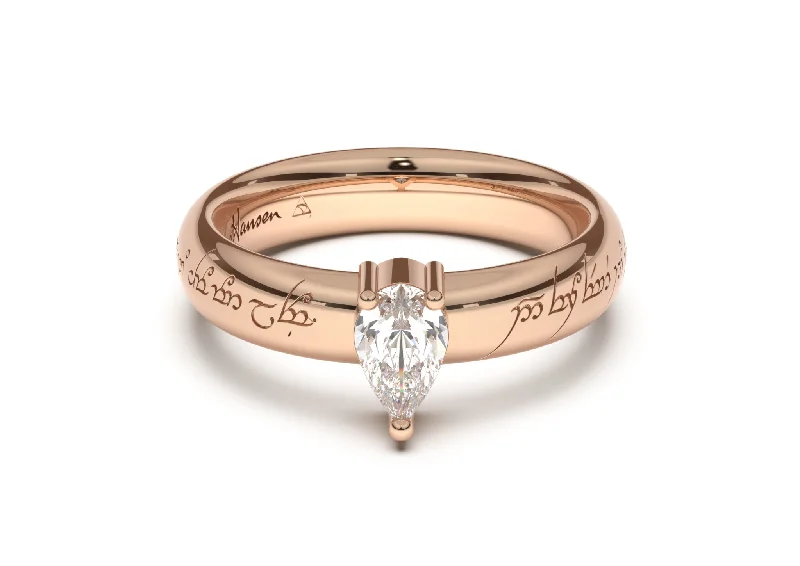 Personalized Engraved Jewelry For Meaningful Gifts Pear Classic Elvish Engagement Ring, Red Gold Personalized Engraved Jewelry For Meaningful Gifts Pear Classic Elvish Engagement Ring, Red Gold