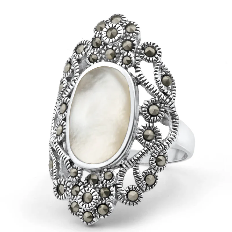 Grab Your Dream Jewelry At The Lowest Prices Sterling Silver Mother Of Pearl and Marcasite Ring Grab Your Dream Jewelry At The Lowest Prices Sterling Silver Mother Of Pearl and Marcasite Ring