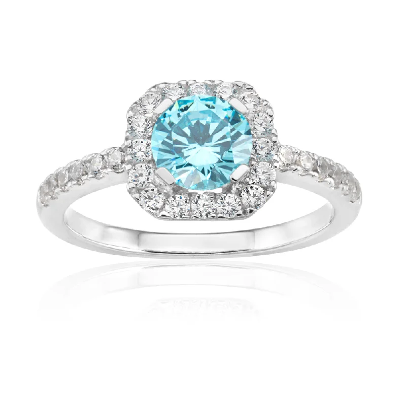 Romantic Heart-Shaped Jewelry For Special Gifts Sterling Silver Rhodium Plated Light Blue Zirconia Asscher Cut Halo Ring Romantic Heart-Shaped Jewelry For Special Gifts Sterling Silver Rhodium Plated Light Blue Zirconia Asscher Cut Halo Ring