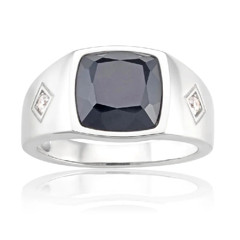 Affordable Luxury Jewelry For Every Occasion Sterling Silver Rhodium Plated Onyx and Zirconia Square Gents Ring
