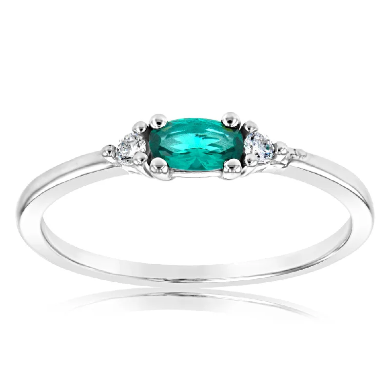 Sterling Silver Rhodium Plated Oval Created Emerald And White CZ Emerald Ring