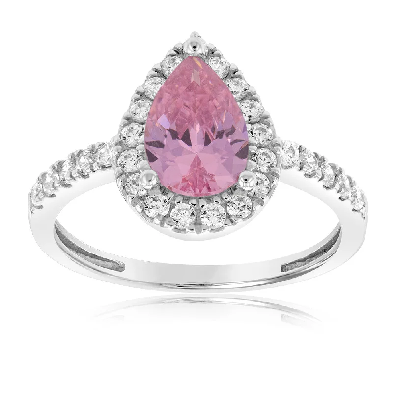 Dazzle In Elegance With Our Biggest Jewelry Sale Sterling Silver Rhodium Plated Pink Cubic Zirconia Pear Ring Dazzle In Elegance With Our Biggest Jewelry Sale Sterling Silver Rhodium Plated Pink Cubic Zirconia Pear Ring