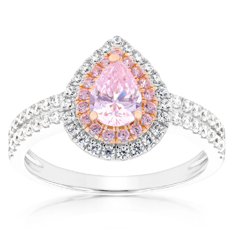 Get The Best Deals On Timeless Jewelry Pieces Sterling Silver Rhodium & Rose Gold Plated White & Pink CZ Pear Ring