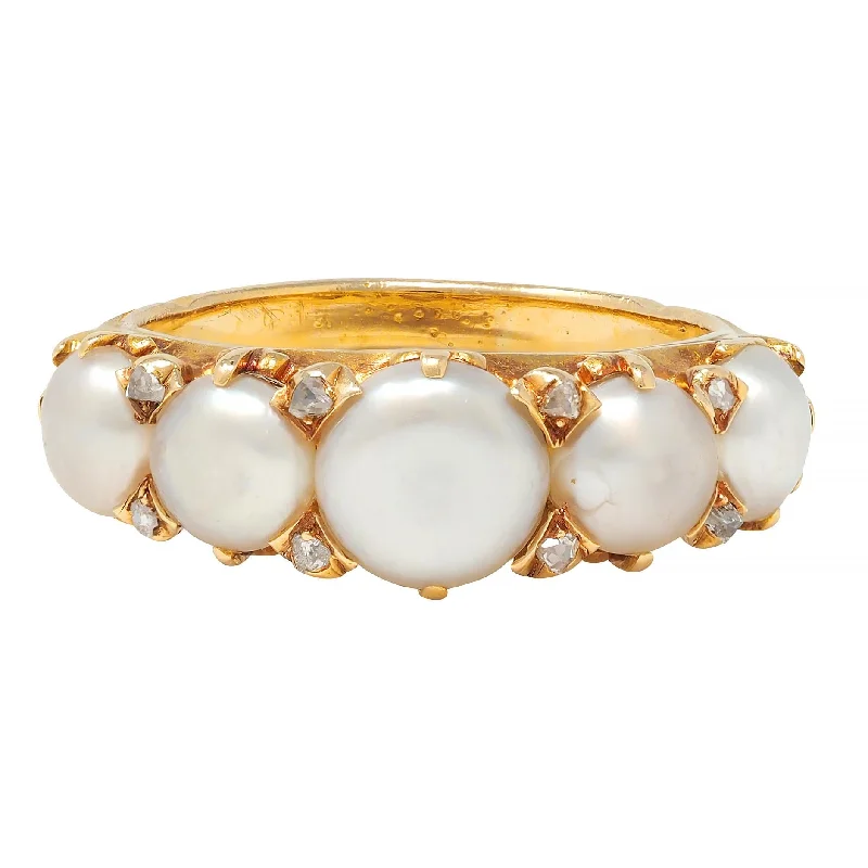 Buy More, Save More On Stunning Jewelry Pieces Victorian Button Pearl Diamond 18 Karat Yellow Gold Antique Five Stone Band Ring Buy More, Save More On Stunning Jewelry Pieces Victorian Button Pearl Diamond 18 Karat Yellow Gold Antique Five Stone Band Ring