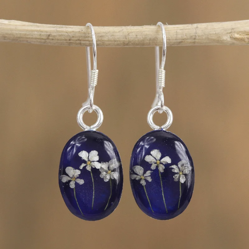 Dainty Floral Jewelry For Feminine Elegance Three Flowers Oval Natural Flower Dangle Earrings from Mexico