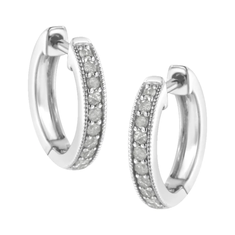 10K White Gold 1/4 cttw Shared Prong Set Round-Cut Diamond Beaded Hoop Earrings