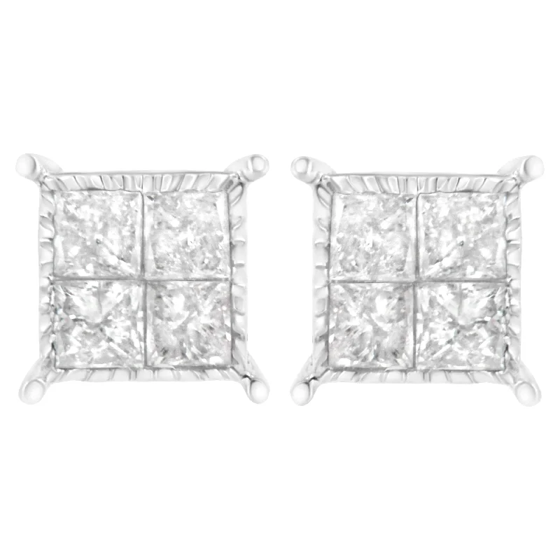 10K White Gold Square Earrings with Princess Cut Diamond