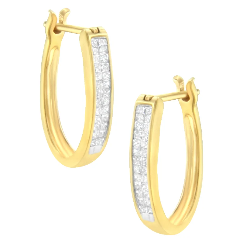 Trendy Minimalist Jewelry For Everyday Wear 10K Yellow Gold 1/2 Cttw Invisible Set Princess-cut Diamond Hoop Earrings Trendy Minimalist Jewelry For Everyday Wear 10K Yellow Gold 1/2 Cttw Invisible Set Princess-cut Diamond Hoop Earrings