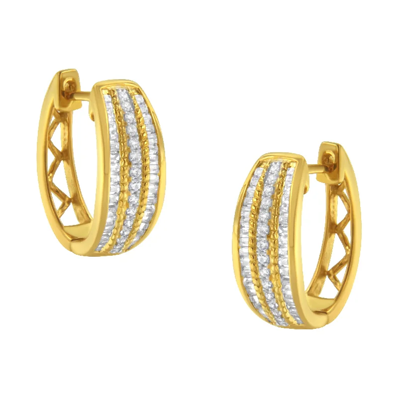 10K Yellow Gold 3/4 Cttw Pave and Channel Set Diamond Triple Row Modern Hoop Earrings