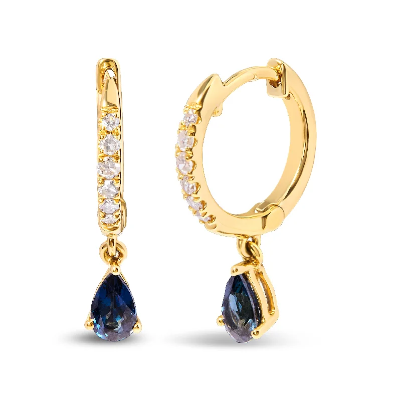 10K Yellow Gold Pear Blue Sapphire and 1/10 Cttw Diamond Drop and Dangle Huggy Hoop Earrings