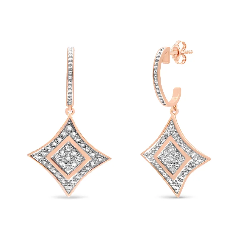 14K Rose Gold Plated .925 Sterling Silver Round-Cut Diamond Accent Dangle Rhombus Earrings