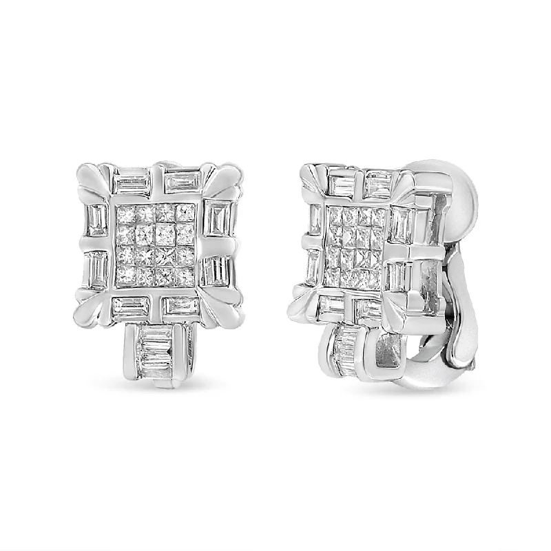 14K White Gold 1.0 Cttw Princess and Baguette-Cut Diamond Square Framed Huggie Hoop Omega Earrings