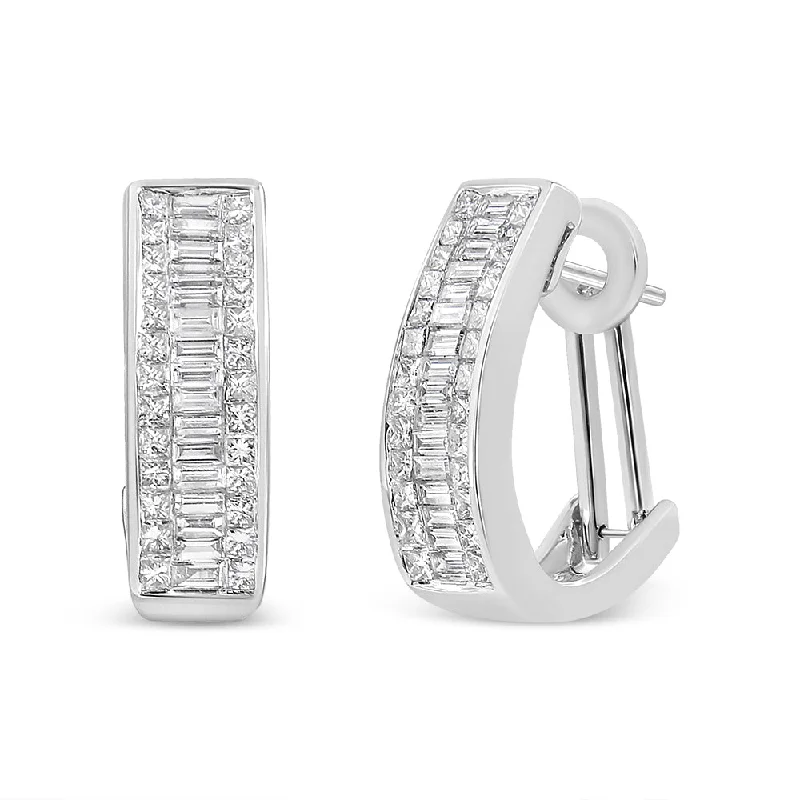 14k White Gold 1 7/8 Cttw Invisible and Channel Set Diamond Omega Huggy Hoop Earrings