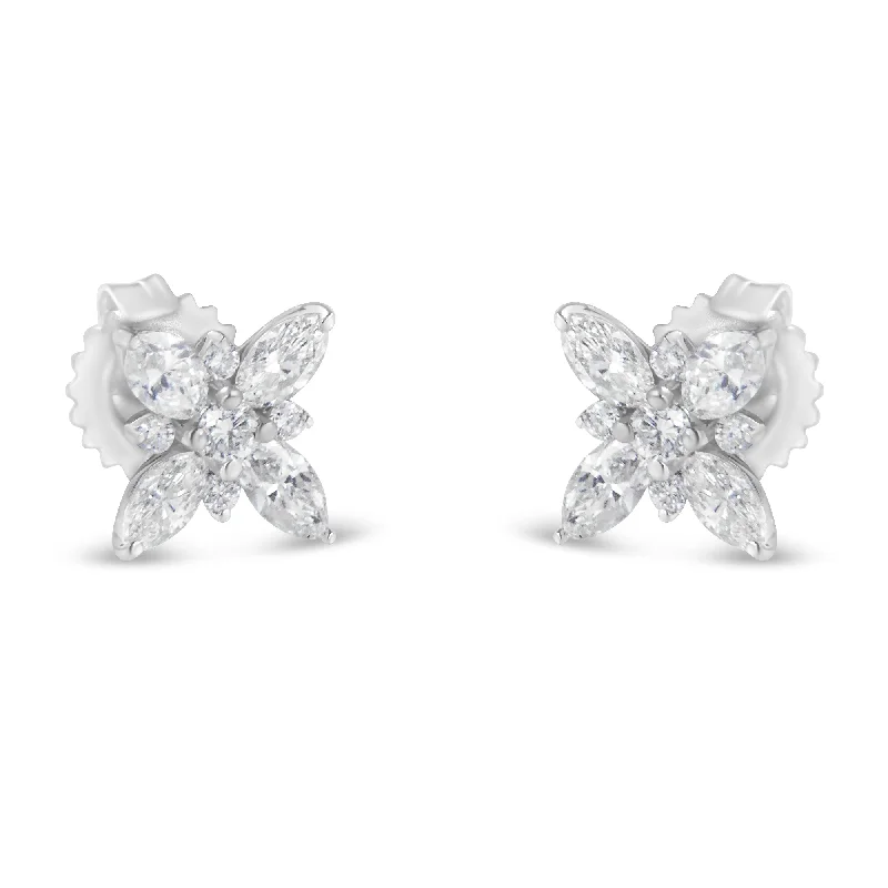 14K White Gold Marquise Diamond Flower Stud Earring