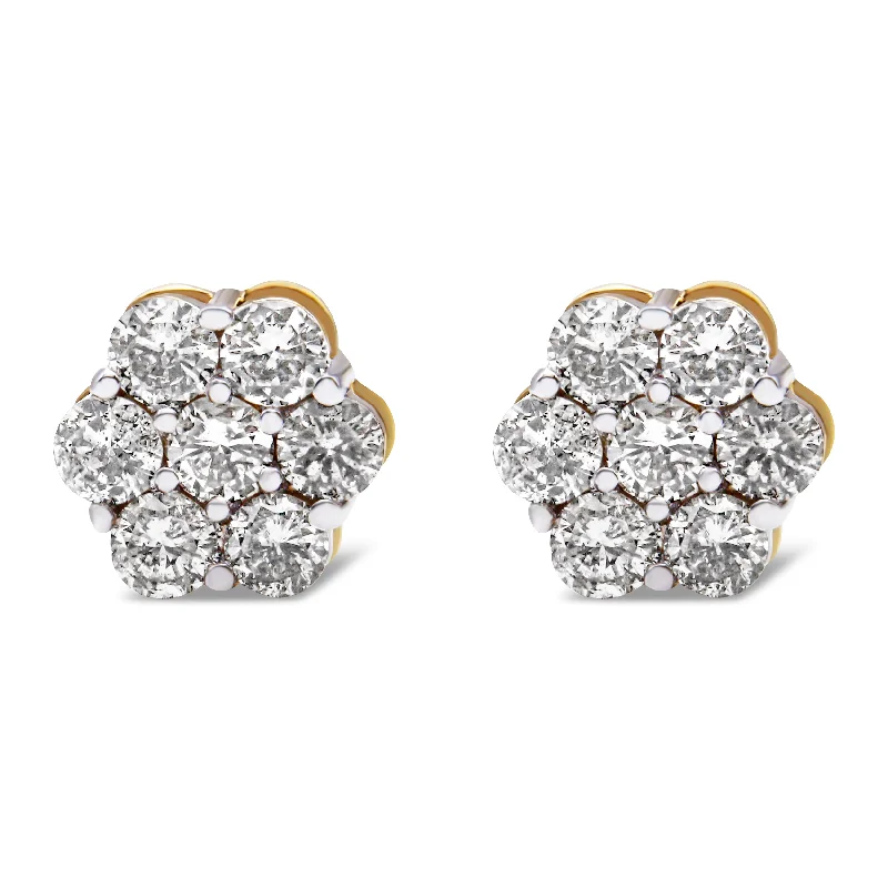 14K Yellow Gold 2.0 Cttw Diamond Floral Cluster Stud Earring with Screw Back