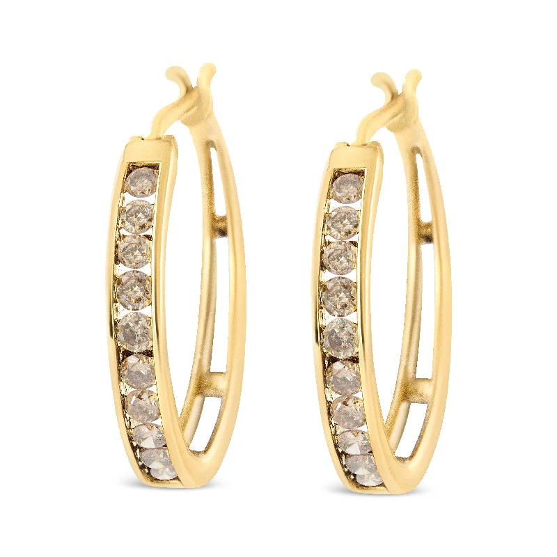 14K Yellow Gold Plated .925 Sterling Silver 1.0 Cttw Channel Set Champagne Diamond Hoop Earrings with Snap Post