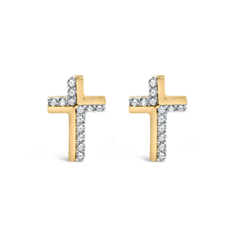 14K Yellow Gold Plated .925 Sterling Silver 1/10 Cttw Diamond Cross Stud Earring