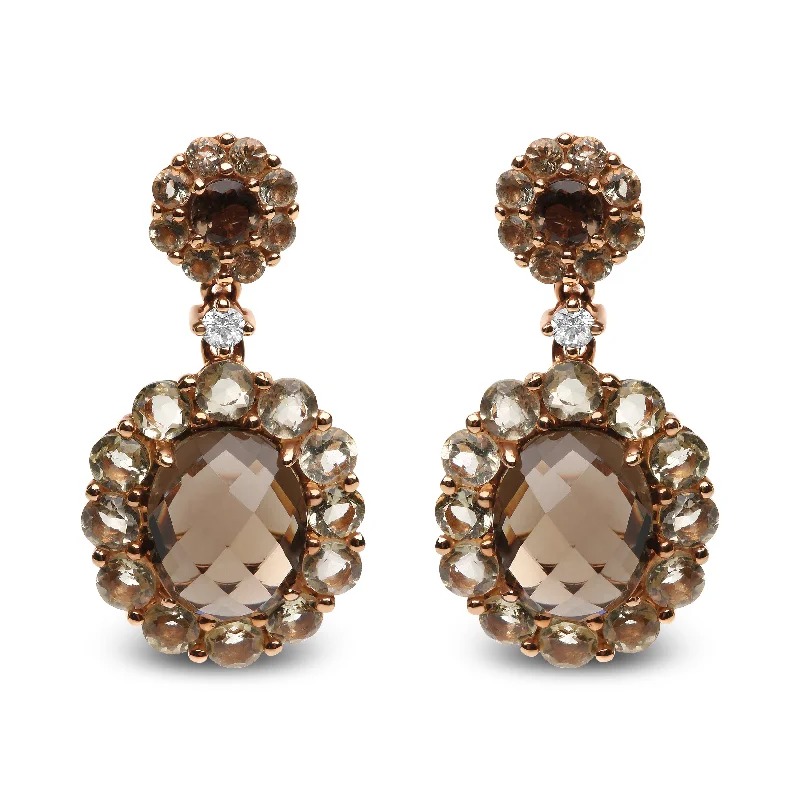 18K Rose Gold Diamond Accent and  Lemon and Oval Smoky Color Quartz Gemstone Dangle Drop Earring