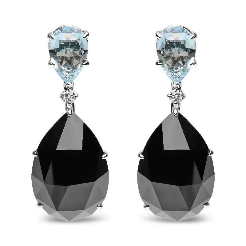 18K White Gold 1/5 Cttw Diamond with Pear Cut Sky Blue Topaz and Pear-Cut Black Onyx Gemstone Dangle Earring