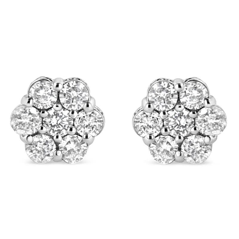 .925 Sterling Silver 1.0 Cttw Diamond Cluster 7 Stone Floral Stud Earring