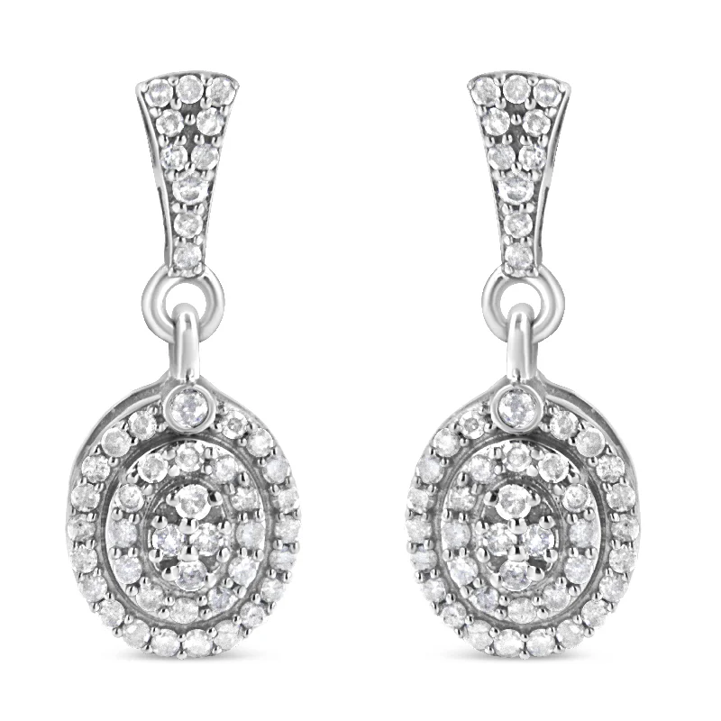 Handmade Pearl Jewelry For Timeless Elegance .925 Sterling Silver 1.0 Cttw Diamond Cluster Oval Shape Drop and Dangle Earrings