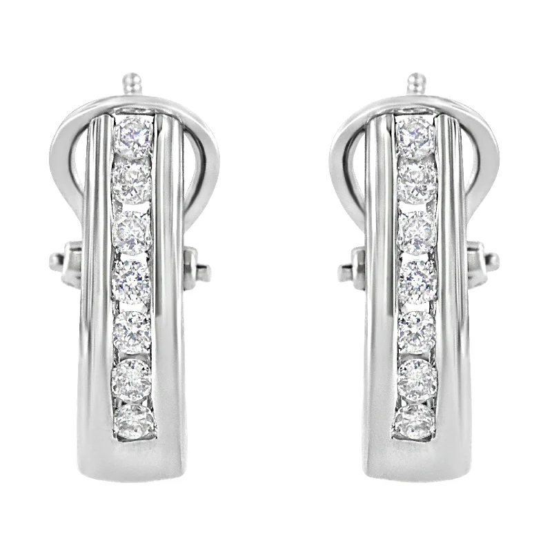 .925 Sterling Silver 1/2 cttw Channel-Set Round-Cut Diamond Omega Back Huggy Hoop Earrings