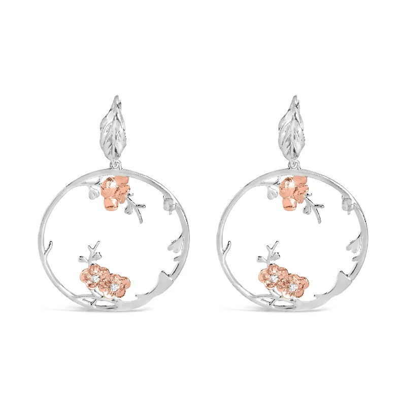 Rose Gold Plated .925 Sterling Silver 1/10 Cttw Diamond Floral Hoop Earrings