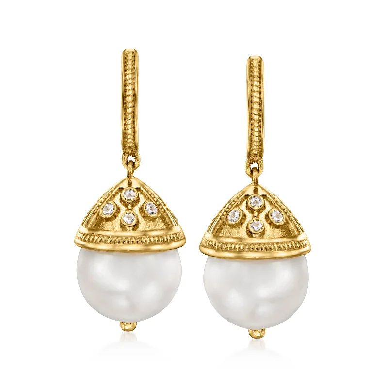 Ross-Simons 11-11.5mm Cultured Pearl and . White Topaz Hoop Drop Earrings in 18kt Gold Over Sterling