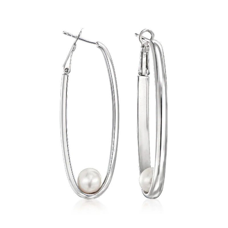 Ross-Simons 7-7.5mm Cultured Pearl Elongated Hoop Earrings in Sterling Silver