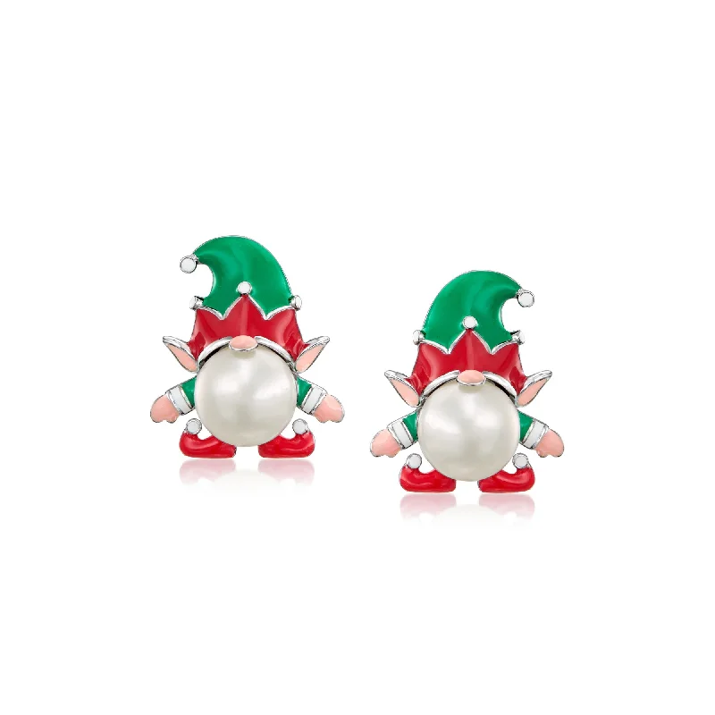 Ross-Simons 8-8.5mm Cultured Pearl and Multicolored Enamel Elf Gnome Earrings in Sterling Silver