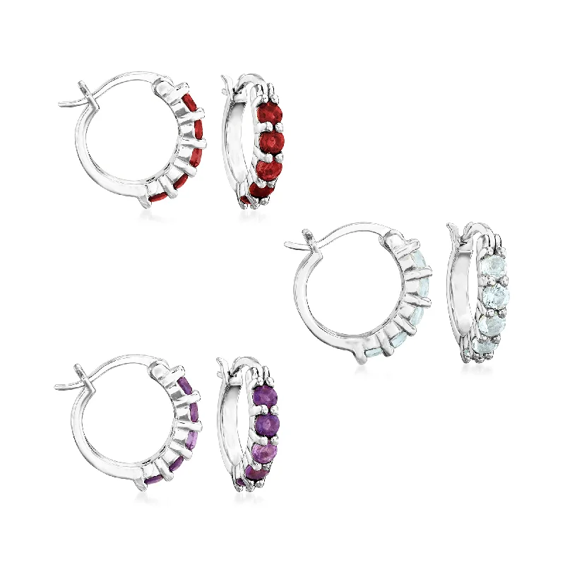 Ross-Simons Amethyst, Garnet and Blue Topaz Jewelry Set: 3 Pairs Of Huggie Hoop Earrings in Sterling Silver