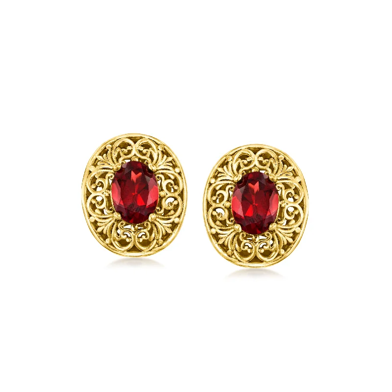 Ross-Simons Garnet Scrollwork Earrings in 18kt Gold Over Sterling