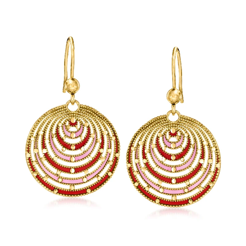 Ross-Simons Italian Pink and Red Enamel Milgrain Drop Earrings in 18kt Gold Over Sterling