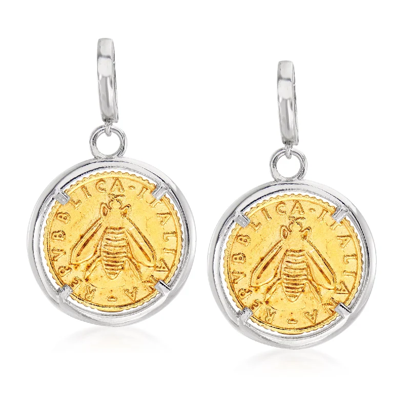 Ross-Simons Italian Replica Lira Bee Coin Drop Earrings in Sterling Silver and 18kt Gold Over Sterling