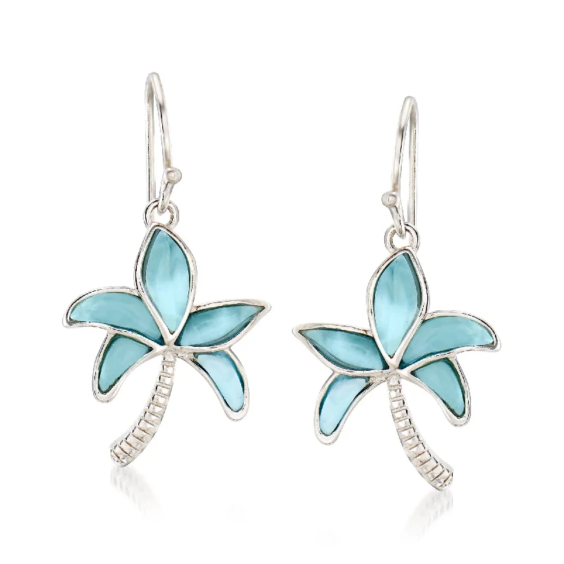 Ross-Simons Larimar Palm Tree Drop Earrings in Sterling Silver