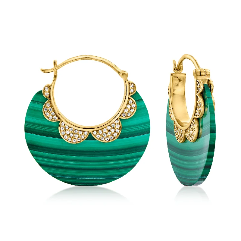 Ross-Simons Malachite and White Topaz Hoop Earrings in 18kt Gold Over Sterling