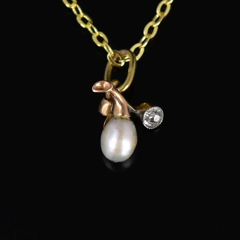 Final Call For Exquisite Jewelry At Reduced Rates Antique Edwardian 14K Gold Diamond Pearl Charm Pendant Necklace