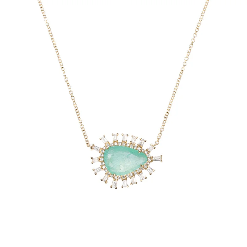 Elevate Your Outfit With Discounted Statement Jewelry Emerald Slice Necklace with Baguette and Pave Diamond Halo Elevate Your Outfit With Discounted Statement Jewelry Emerald Slice Necklace with Baguette and Pave Diamond Halo
