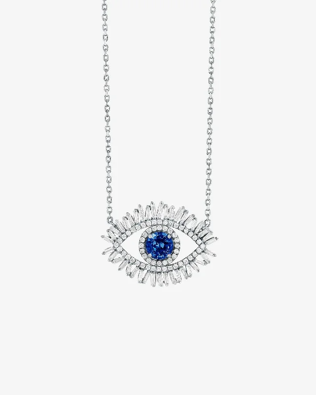 Discounted Jewelry For A Glamorous Look Evil Eye Milli Dark Blue Sapphire Half Pave Pendant Discounted Jewelry For A Glamorous Look Evil Eye Milli Dark Blue Sapphire Half Pave Pendant