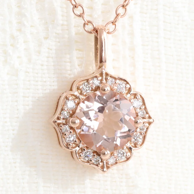 Halo Diamond Morganite Necklace in 14k Gold Vintage Floral Pendant