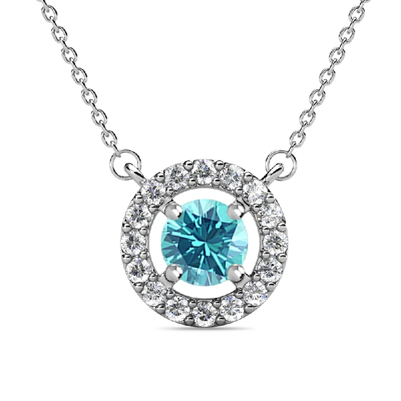 Premium Jewelry, Premium Discounts – Act Fast Royal 18k White Gold Plated March Birthstone Halo Necklace with Round Cut Aquamarine Swarovski Crystals Premium Jewelry, Premium Discounts – Act Fast Royal 18k White Gold Plated March Birthstone Halo Necklace with Round Cut Aquamarine Swarovski Crystals